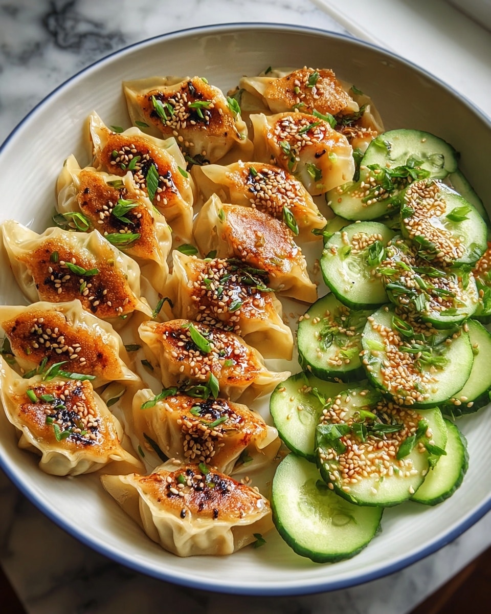 Large white serving bowl filled with an entire batch of golden potstickers arranged in neat rows alongside fresh cucumber slices, topped with toasted sesame seeds and finely chopped green herbs, whole dish photographed from a 3/4 angle on a white marble countertop, natural lighting, professional food magazine hero shot photo taken with an iphone --ar 4:5 --v 7