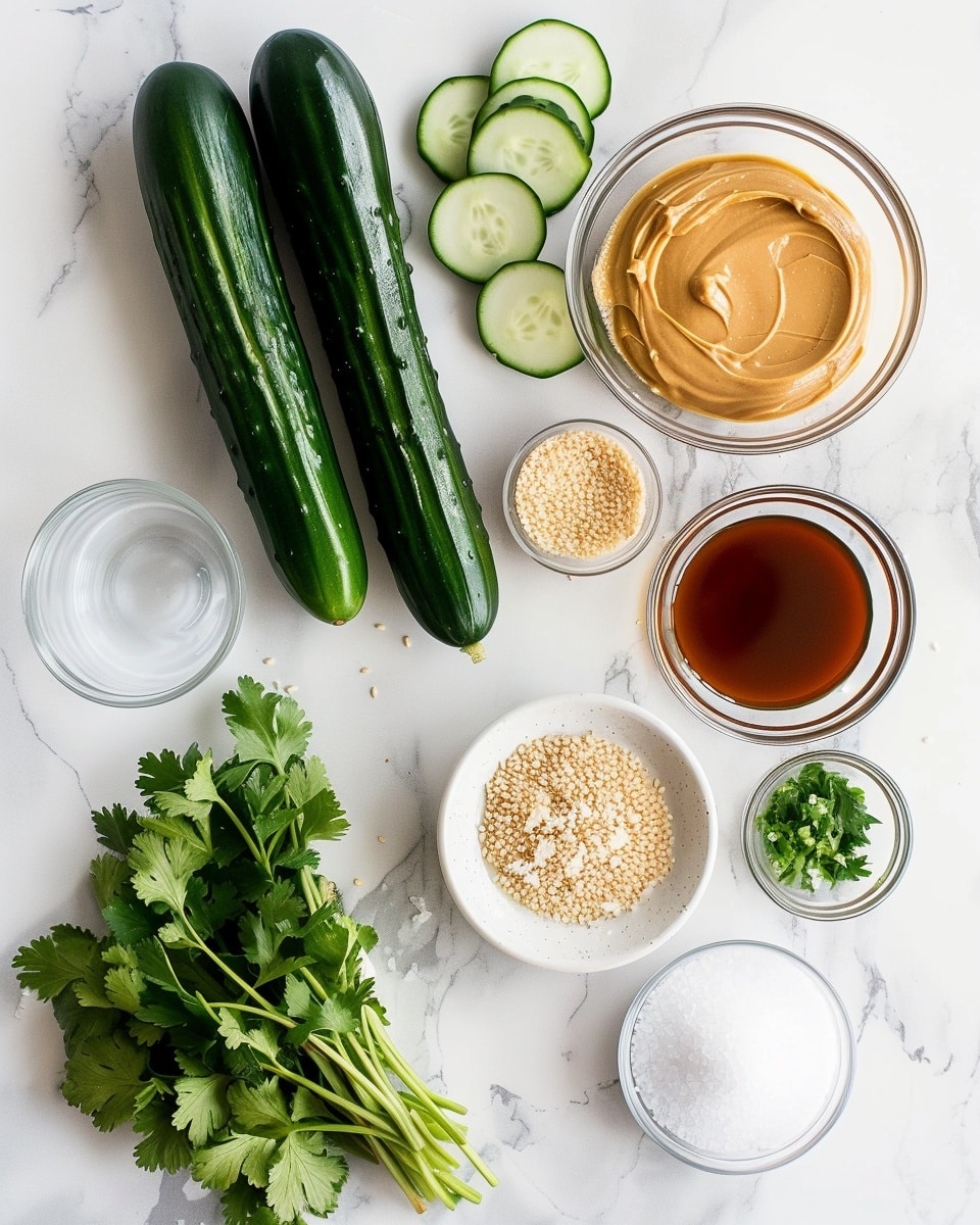 Single white plate featuring a close-up of a plated serving of five golden-browned pan-fried dumplings arranged neatly beside a fresh cucumber salad. The dumplings reveal a tender, slightly translucent wrapper with a hint of juicy filling inside, glistening with light oil and garnished with finely chopped green onions and sesame seeds. The sliced cucumbers are vibrant green, sprinkled with toasted sesame seeds and fresh herb bits, adding texture contrast. Natural light highlights the warm, crispy edges of the dumplings and the refreshing coolness of the cucumber, all set on a pristine white marble surface, styled for an intimate food blog presentation. Photo taken with an iphone --ar 4:5 --v 7