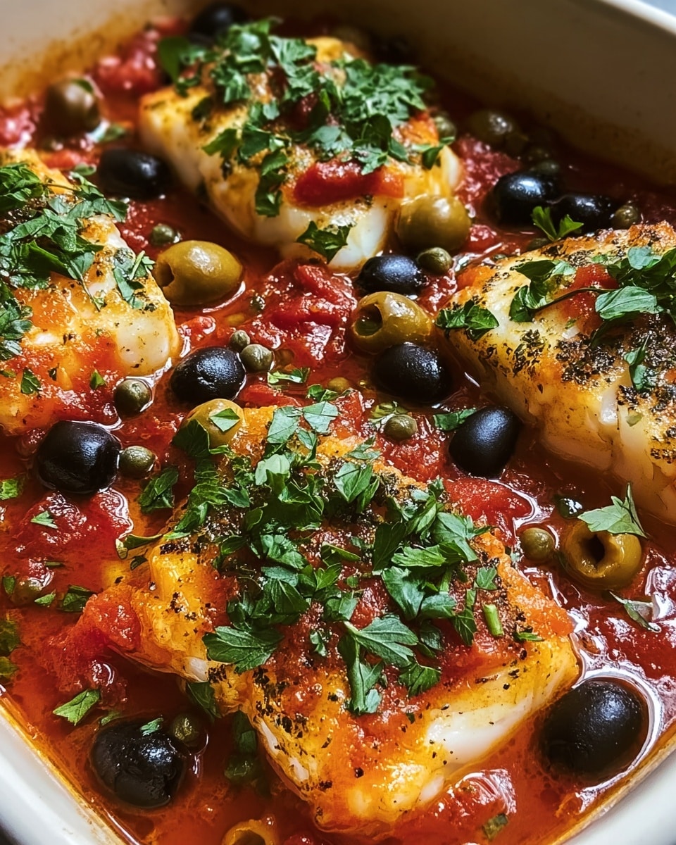 White rectangular baking dish filled with whole baked cod fillets simmered in a rich tomato sauce with plump black olives and capers, fresh chopped parsley sprinkled generously atop the fish, the vibrant red sauce contrasting beautifully with tender white cod, whole dish presented on a white marble surface, natural lighting highlighting the juicy and flavorful textures, professional 3/4 angle food magazine hero shot photo taken with an iphone --ar 4:5 --v 7