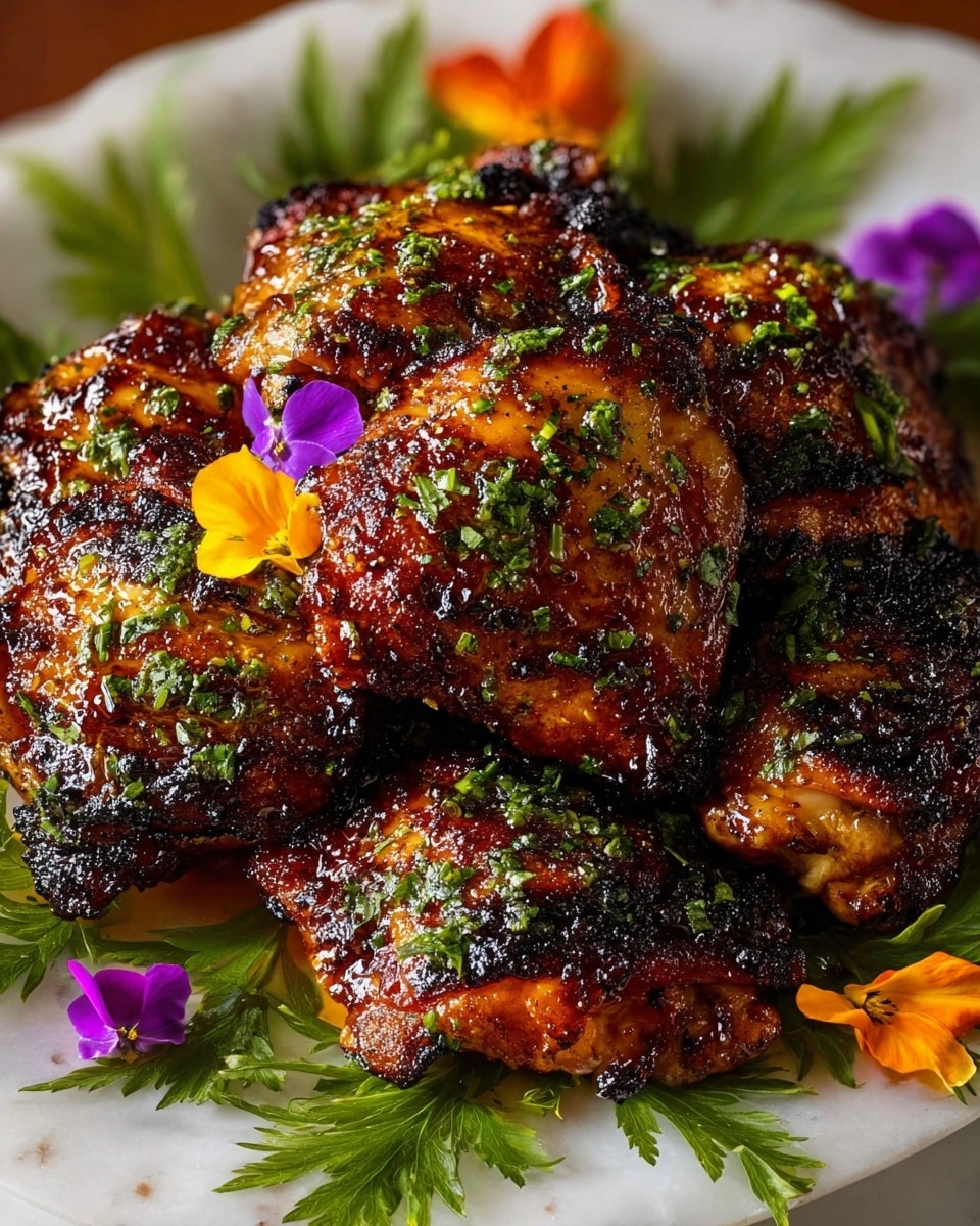 White serving platter beautifully arranged with a whole stack of glazed grilled chicken thighs, their caramelized skin richly charred and glistening with a sticky, flavorful marinade, generously sprinkled with finely chopped fresh parsley, and garnished with vibrant orange and purple edible flowers, whole dish shot from a professional 3/4 angle on a white marble surface with natural lighting, styled as a hero food magazine photo taken with an iphone --ar 4:5 --v 7