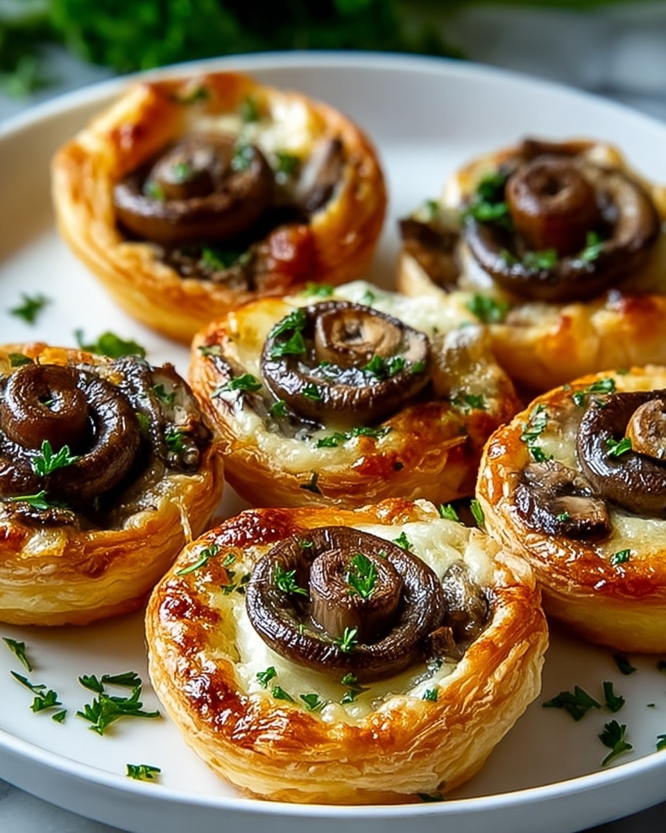 White ceramic plate holding a full batch of golden-brown puff pastry mushroom tarts, each topped with a whole roasted mushroom cap and sprinkled with fresh finely chopped parsley, arranged neatly to showcase their flaky texture and glistening cheese melting beneath the mushrooms, captured in a professional 3/4 angle shot on a white marble countertop with natural lighting, a stunning hero food magazine style photo taken with an iphone --ar 4:5 --v 7