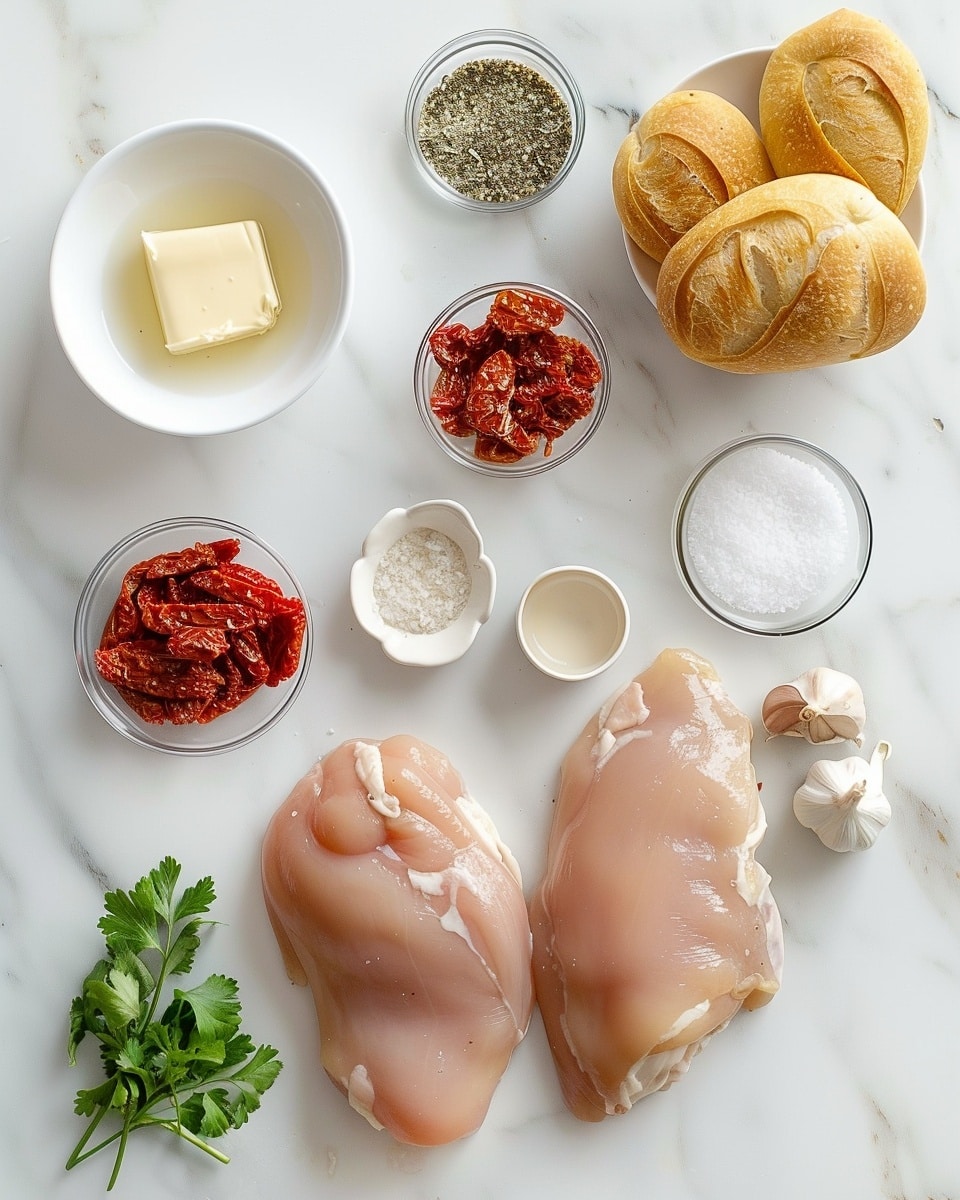 Single white plate holding one plated grilled chicken sandwich portion with a thick grilled chicken fillet layered with vibrant sun-dried tomato strips, fresh dark green spinach, and creamy melted cheese oozing slightly between a glossy toasted bun topped with chopped herbs, close-up angle revealing the juicy interior texture of the chicken and rich filling, natural lighting highlighting the sandwich’s inviting golden crust and fresh components, set on a white marble surface, intimate plated serving photo taken with an iphone --ar 4:5 --v 7