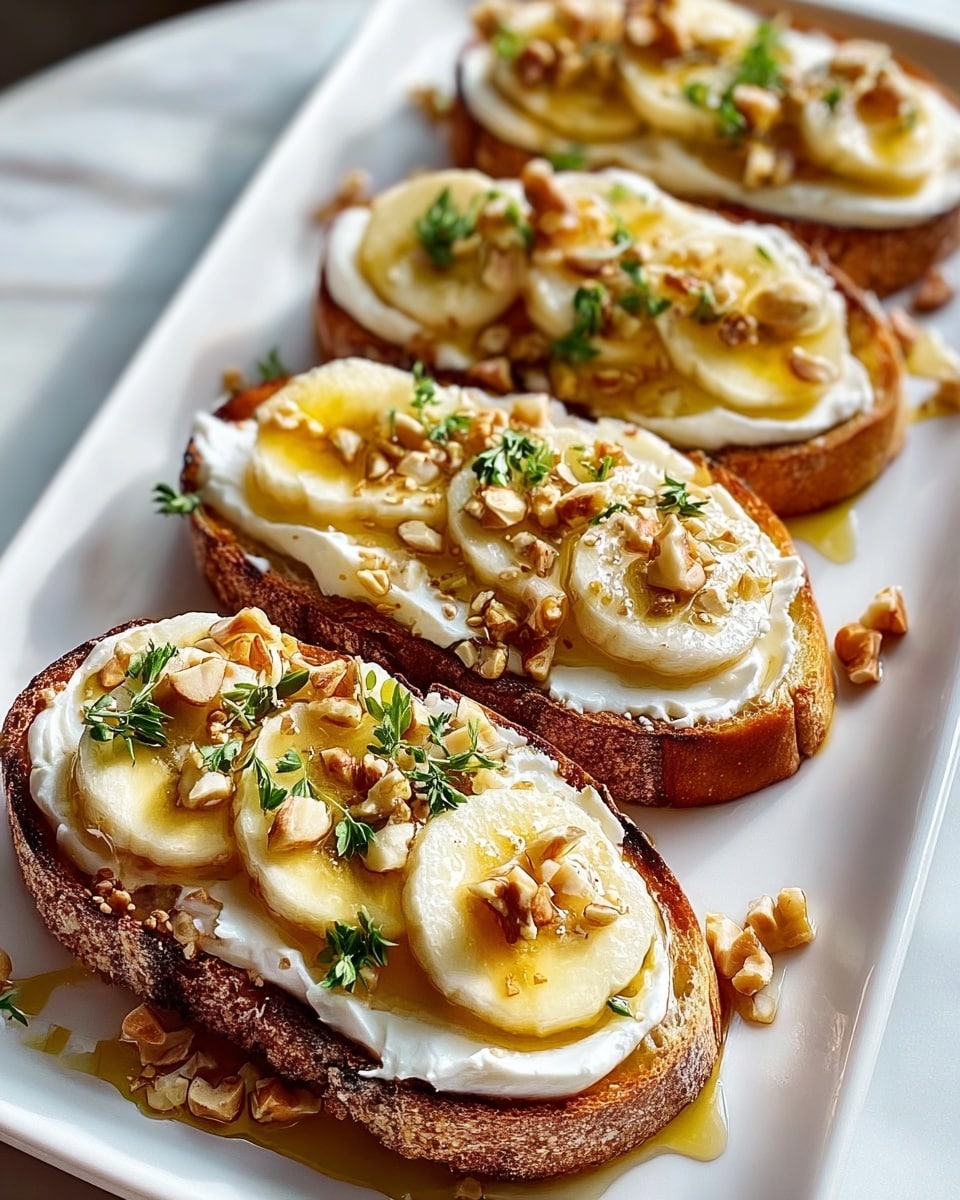 Long white rectangular plate filled with multiple pieces of toasted rustic bread topped with generous layers of creamy ricotta cheese, fresh banana slices drizzled with golden honey, sprinkled with chopped toasted nuts and fresh green herbs, whole dish presented on a white marble countertop with natural lighting, professional 3/4 angle food magazine hero shot photo taken with an iphone --ar 4:5 --v 7