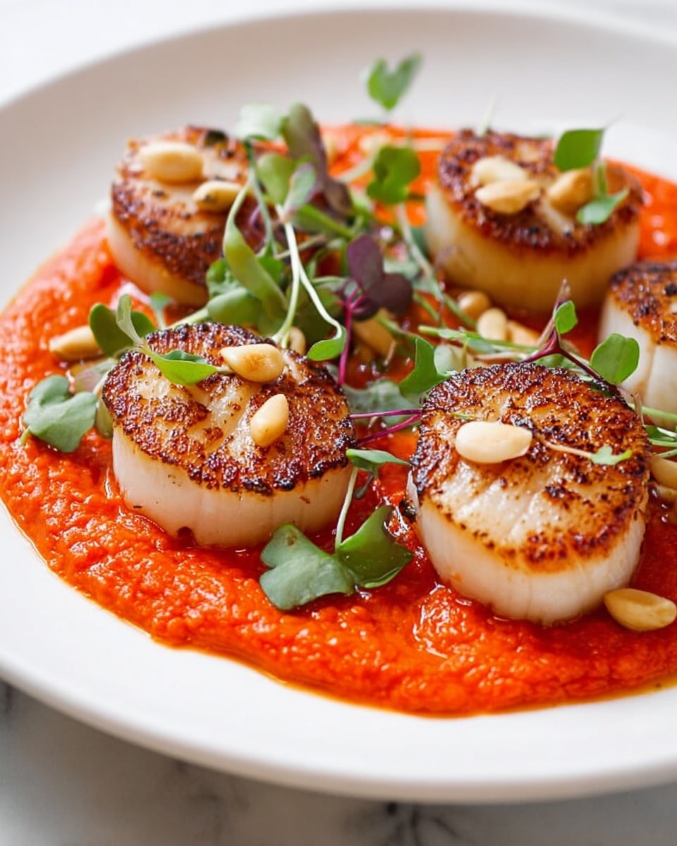 White round plate showcasing a neat arrangement of six perfectly seared large scallops resting on a vibrant red roasted red pepper and tomato sauce, garnished elegantly with fresh microgreens and scattered toasted pine nuts, presented on a white marble countertop with natural lighting, professional food styling, photo taken with an iphone --ar 4:5 --v 7