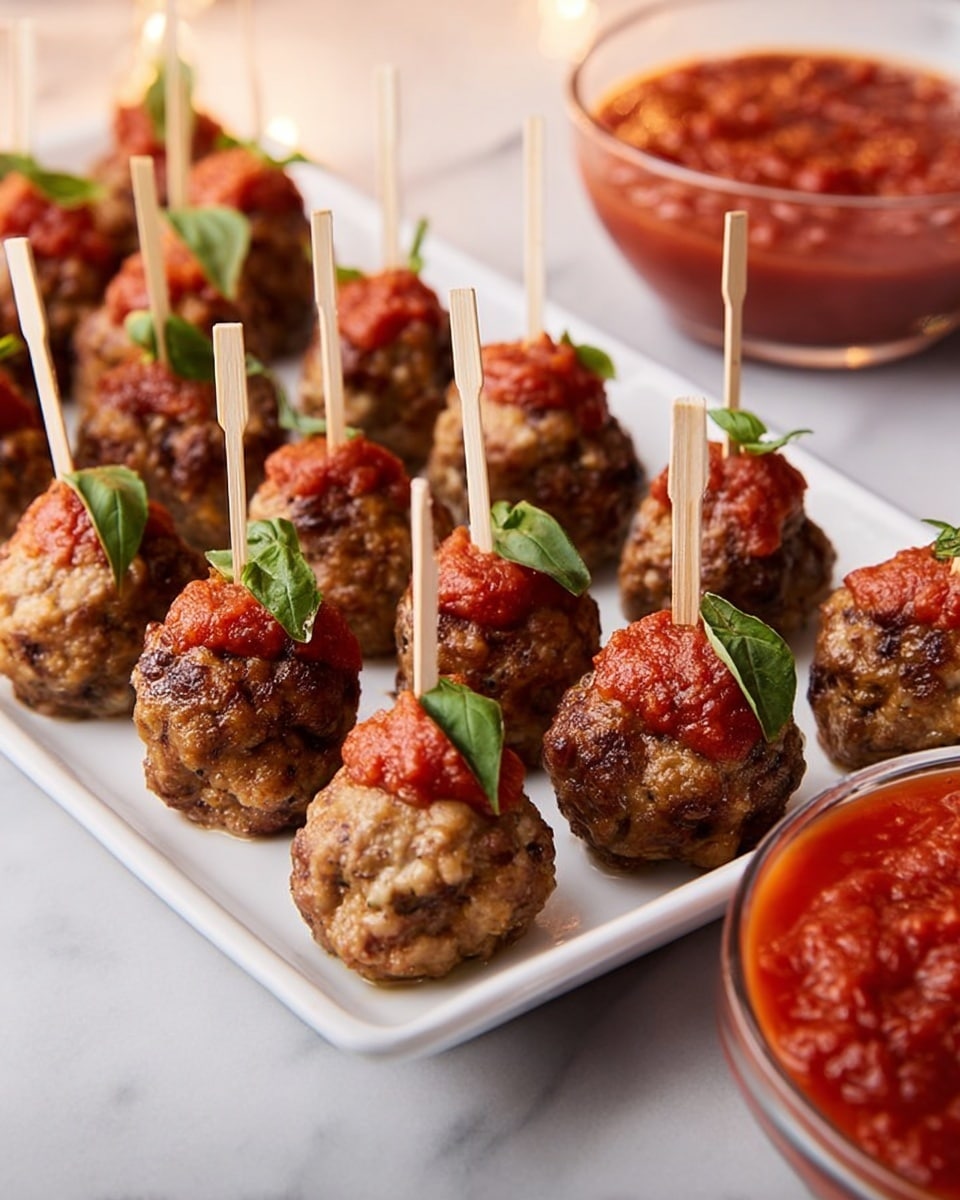 Large white rectangular serving platter filled with an entire batch of golden-brown Italian-style meatballs, each topped with a dollop of rich red marinara sauce and fresh basil leaves, arranged neatly in rows with wooden toothpicks inserted, accompanied by a glass bowl of thick marinara sauce on the side, all set on a white marble countertop under natural lighting, professional food magazine hero shot photo taken with an iphone --ar 4:5 --v 7
