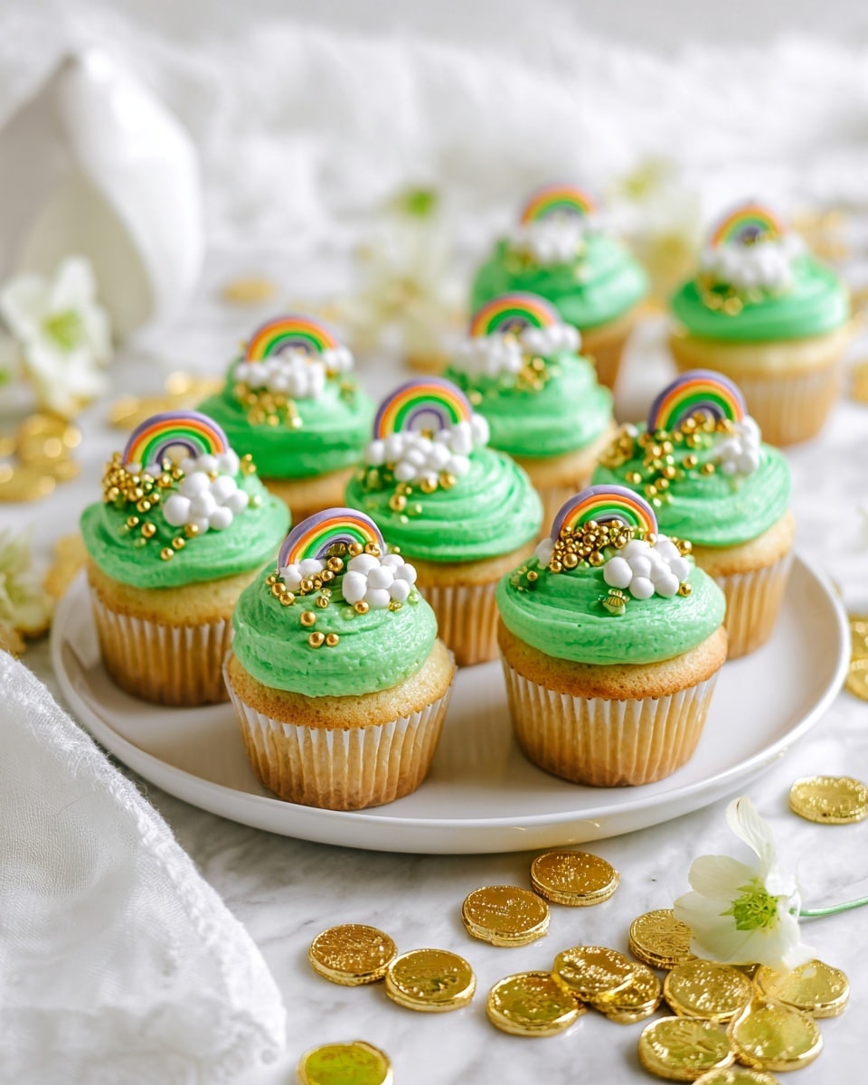 A white plate filled with multiple vanilla cupcakes topped generously with vibrant green frosting, each adorned with shimmering gold sugar pearls and miniature edible clouds, featuring rainbow candy arcs creating a festive St. Patrick's Day theme, all cupcakes arranged neatly across the plate on a white marble countertop with scattered gold chocolate coins and delicate white flowers, natural soft lighting illuminating the scene, professional food magazine style photo taken with an iphone --ar 4:5 --v 7
