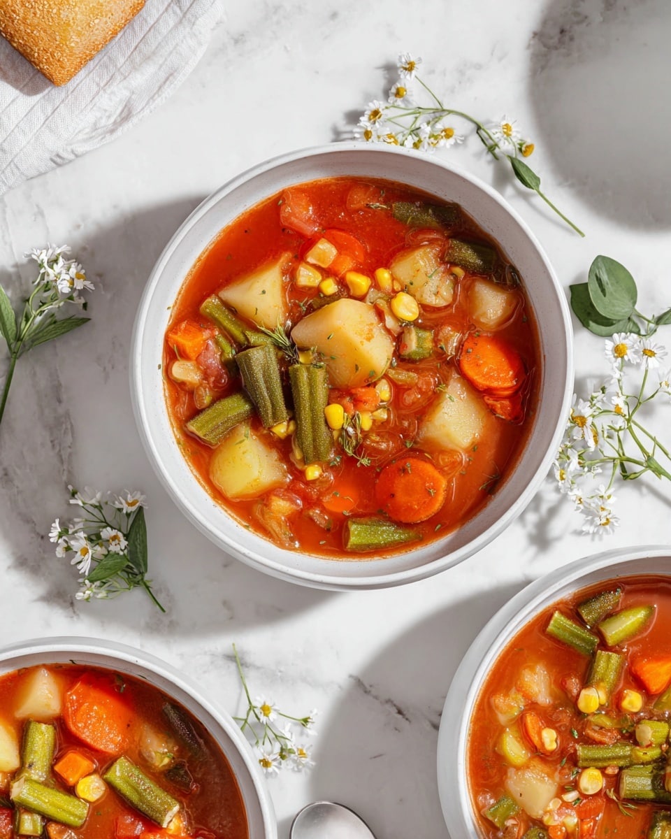 Large white ceramic bowl filled with vibrant vegetable stew showcasing chunks of okra, potatoes, carrots, corn, and beans in a rich tomato broth, accompanied by a trio of identical bowls arranged together to emphasize abundance, set on a white marble countertop with natural lighting highlighting the fresh ingredients, garnished with small green leaves and chamomile flowers for a delicate touch, professional food magazine style hero shot photo taken with an iphone --ar 4:5 --v 7