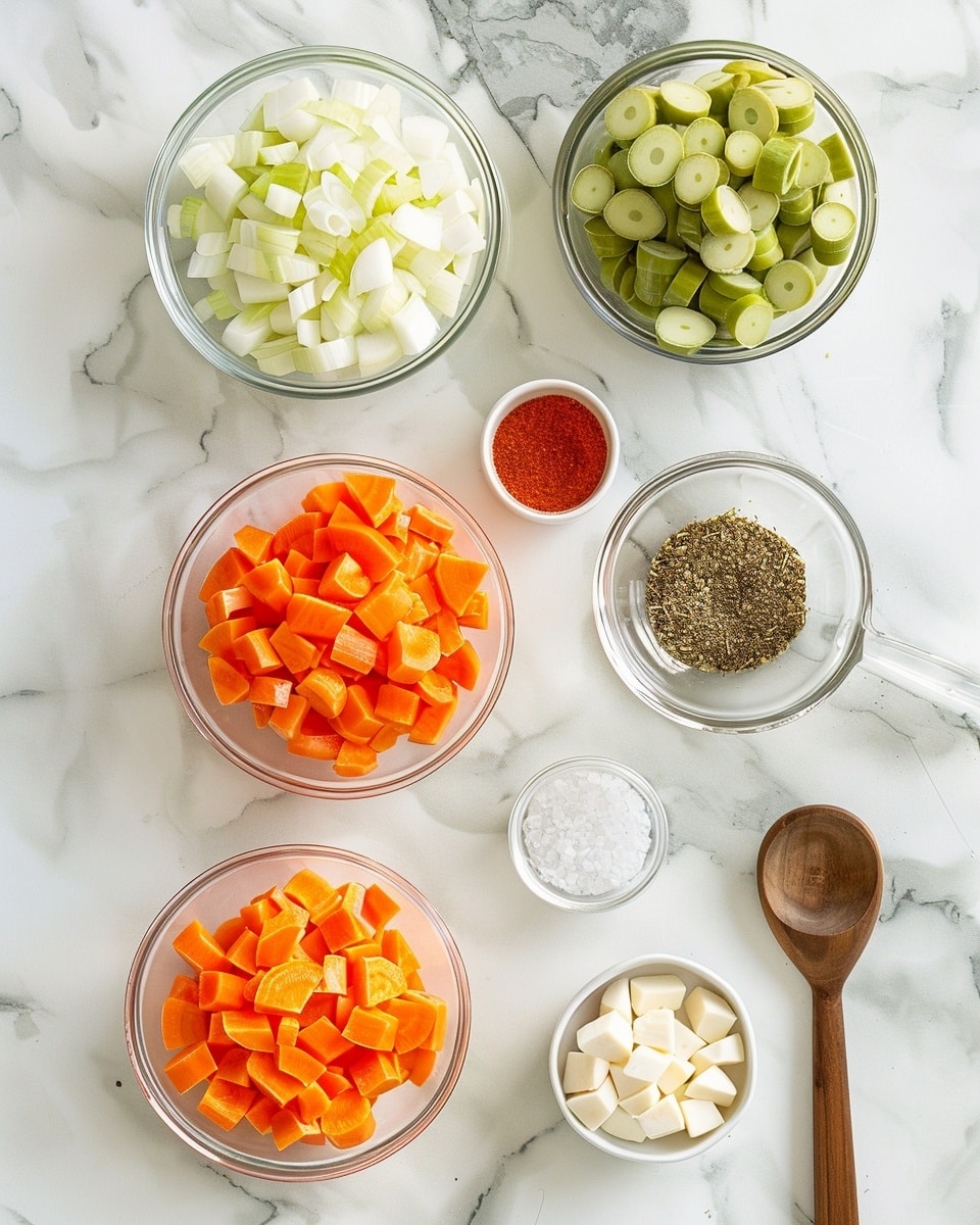 Single white bowl filled with a vibrant serving of tomato-based vegetable soup with visible chunks of okra, potatoes, carrots, corn, and beans, close-up angled view highlighting the rich red broth and hearty textures of the fresh vegetables, garnished with fresh basil leaves, placed on a white marble surface with soft natural lighting, styled as an intimate plated serving perfect for a food blog, photo taken with an iphone --ar 4:5 --v 7
