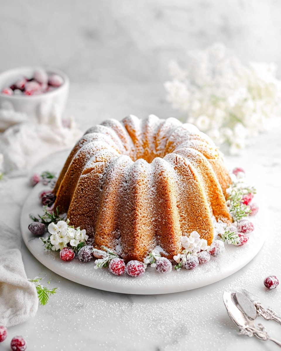 Whole bundt cake on a round white serving plate, beautifully decorated with a dusting of powdered sugar and surrounded by frosted cranberries and delicate white flowers, presented on a white marble countertop with soft natural lighting, styled professionally like a food magazine hero shot, photo taken with an iphone --ar 4:5 --v 7