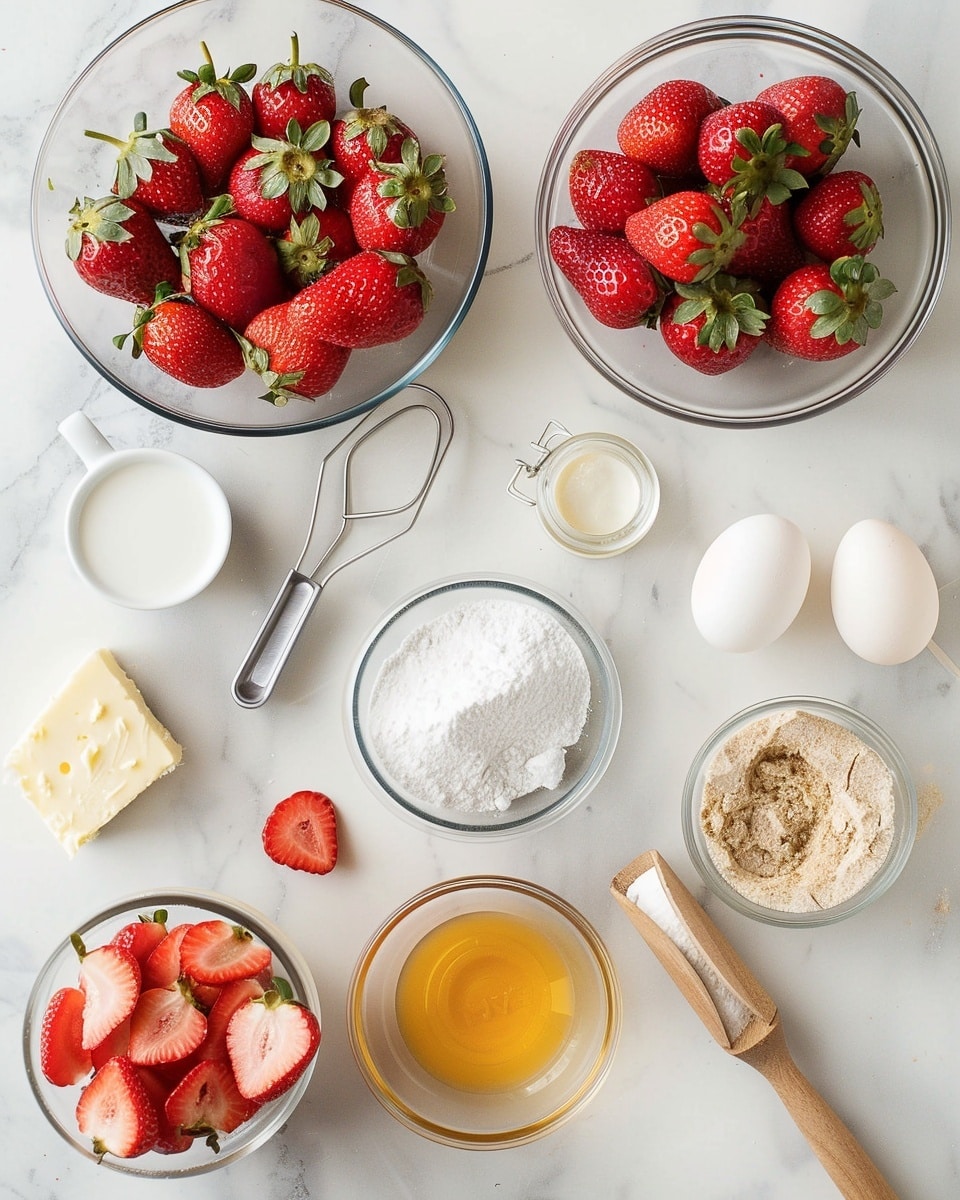 Single white plate with one slice of layered strawberry shortcake, close-up angle highlighting distinct layers of moist sponge cake, creamy white filling, fresh strawberry slices, and a vibrant red strawberry glaze on top, garnished with halved fresh strawberries and a small white edible flower, crumbs and strawberry pieces artfully scattered on a white marble surface, natural light enhancing the textures and colors, styled as a delicate individual serving from a food blog, photo taken with an iphone --ar 4:5 --v 7