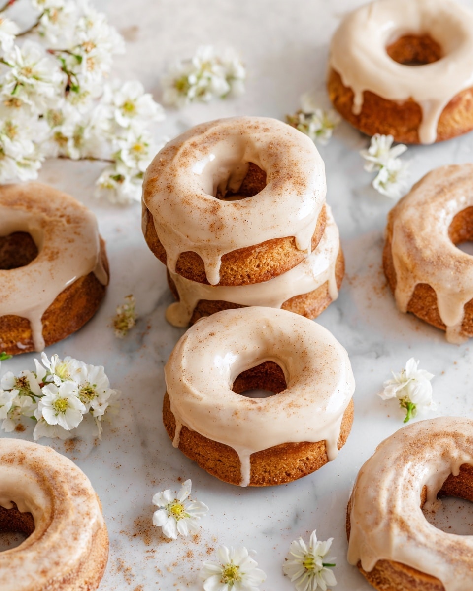 A collection of freshly glazed cinnamon doughnuts arranged on a white marble countertop, each doughnut fully intact and generously coated with smooth, creamy icing that drips slightly down the sides, topped with a light dusting of cinnamon sugar, the entire assortment capturing the warm, golden texture of the doughnuts with delicate white flowers placed artfully around for a subtle decorative touch, professional food styling in natural lighting, photo taken with an iphone --ar 4:5 --v 7