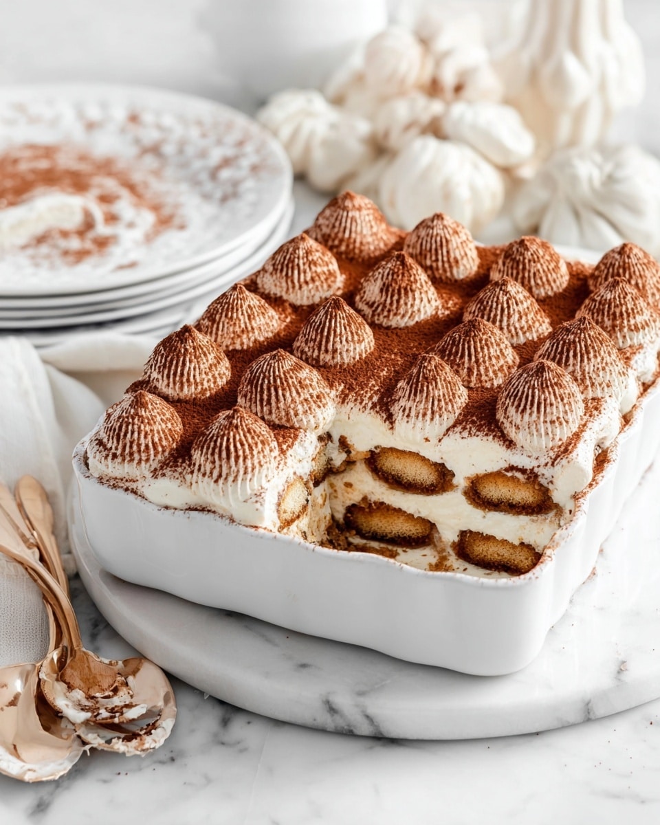 Large white ceramic baking dish filled with a full, uncut tiramisu dessert showcasing intricate layers of creamy mascarpone filling, coffee-soaked ladyfingers, and piped cocoa-dusted cream on top, perfectly set and evenly textured, photographed from a 3/4 angle on a white marble countertop with natural lighting, styled as a professional food magazine hero shot, photo taken with an iphone --ar 4:5 --v 7
