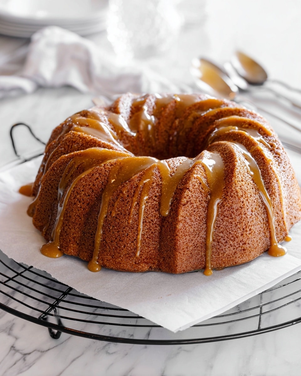 Whole, uncut Bundt cake with a rich caramel glaze artfully drizzled over the deep ridges of the golden-brown cake, arranged on white parchment paper atop a black cooling rack. The cake is presented in a professional food styling shot with natural lighting on a clean white marble surface, showcasing its moist texture and glossy topping, photographed from a 3/4 angle to highlight the full round shape and decorative swirls, photo taken with an iphone --ar 4:5 --v 7