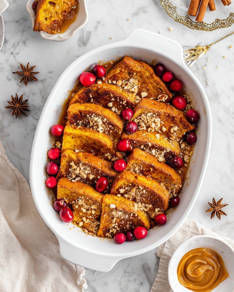 Large white ceramic baking dish filled with freshly baked pumpkin French toast casserole, slices neatly arranged overlapping, golden brown with a dusting of crushed nuts and cinnamon sugar on top, decorated with bright red cranberries and a few star anise pods for a warm autumnal touch, a small white bowl of smooth pumpkin butter sits nearby, whole dish photographed from a 3/4 angle on a white marble countertop with soft natural lighting, styled like a hero shot from a food magazine, photo taken with an iphone --ar 4:5 --v 7