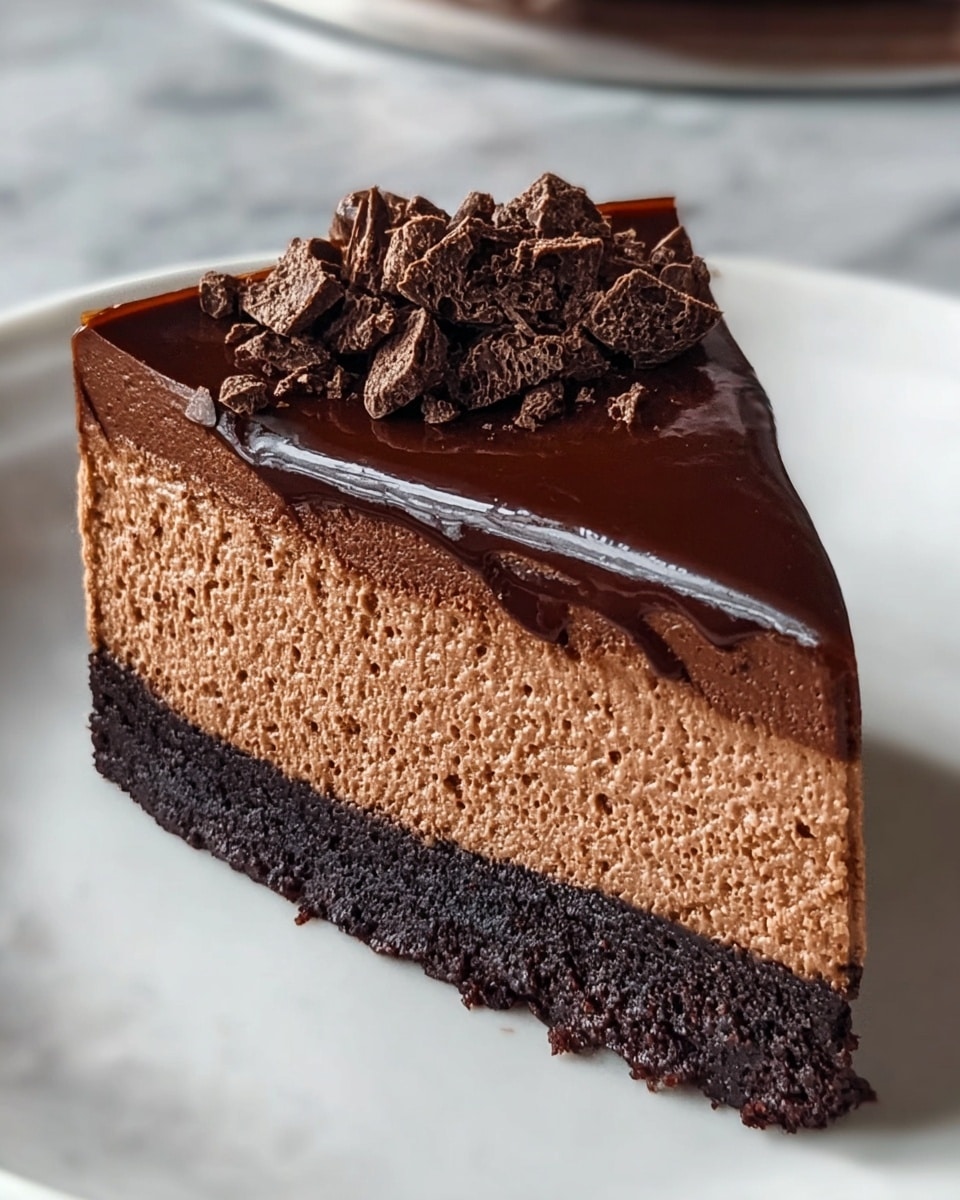 Whole, round chocolate mousse cake on a large white plate, featuring a smooth and glossy dark chocolate ganache coating the top and sides, with an even layer of rich chocolate mousse and a dark chocolate cookie crumb crust, decorated with whole chocolate cookie triangles and a light dusting of cocoa powder on top, captured in a professional 3/4 angle shot with natural lighting on a white marble surface, emphasizing the elegant and indulgent presentation, photo taken with an iphone --ar 4:5 --v 7