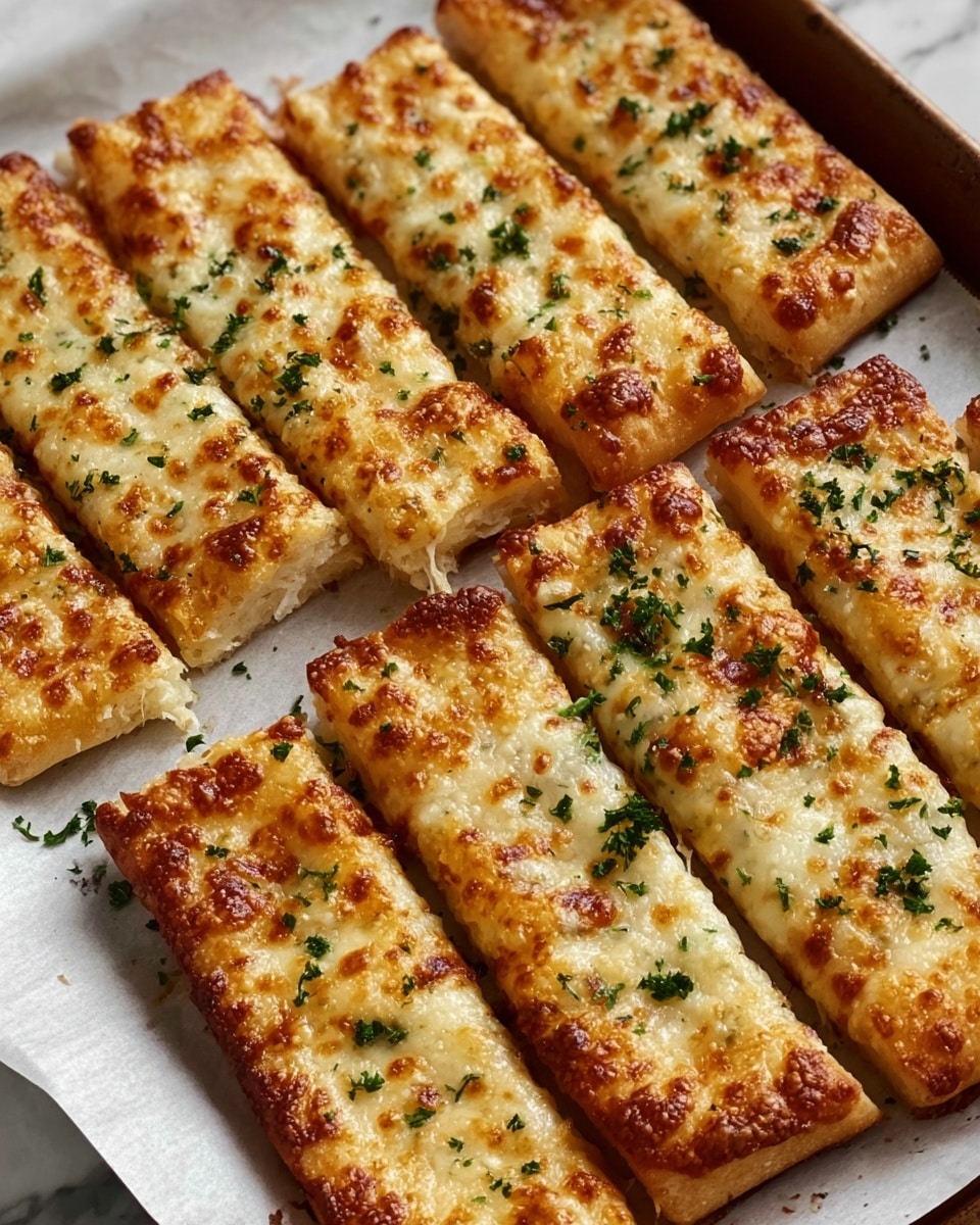 Large white rectangular baking sheet filled with a full batch of golden baked cheese sticks, each perfectly uniform in size and topped generously with melted golden-brown cheese and flecks of fresh parsley, showing a delightful crisp crust and bubbly cheese texture, displayed from a three-quarter angle on a white marble countertop with natural lighting, styled like a hero shot from a food magazine, photo taken with an iphone --ar 4:5 --v 7