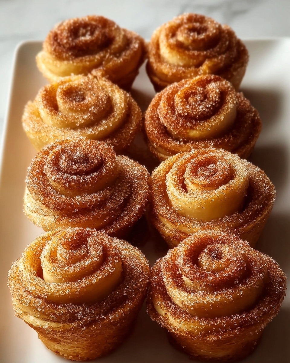 A white rectangular platter filled with a dozen perfectly shaped cinnamon sugar rose pastries, each golden brown with a delicate spiral resembling rose petals dusted generously with sparkling cinnamon sugar crystals; the pastries are closely arranged in neat rows, showcasing their uniform texture and intricate design, photographed from a 3/4 angle on a white marble background with soft natural lighting, professional food magazine hero shot, photo taken with an iphone --ar 4:5 --v 7