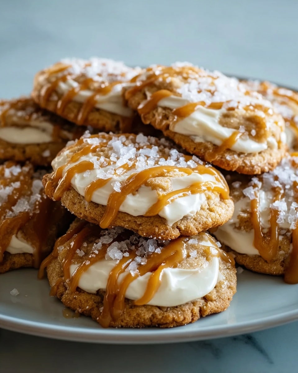 Large white serving plate filled with an arrangement of multiple caramel-drizzled cookies topped with creamy white frosting and sprinkled generously with large crystal sea salt, the cookies golden-baked and chunky, whole dish photographed from a close 3/4 angle with natural lighting on a white marble countertop, professional food styling photo taken with an iphone --ar 4:5 --v 7