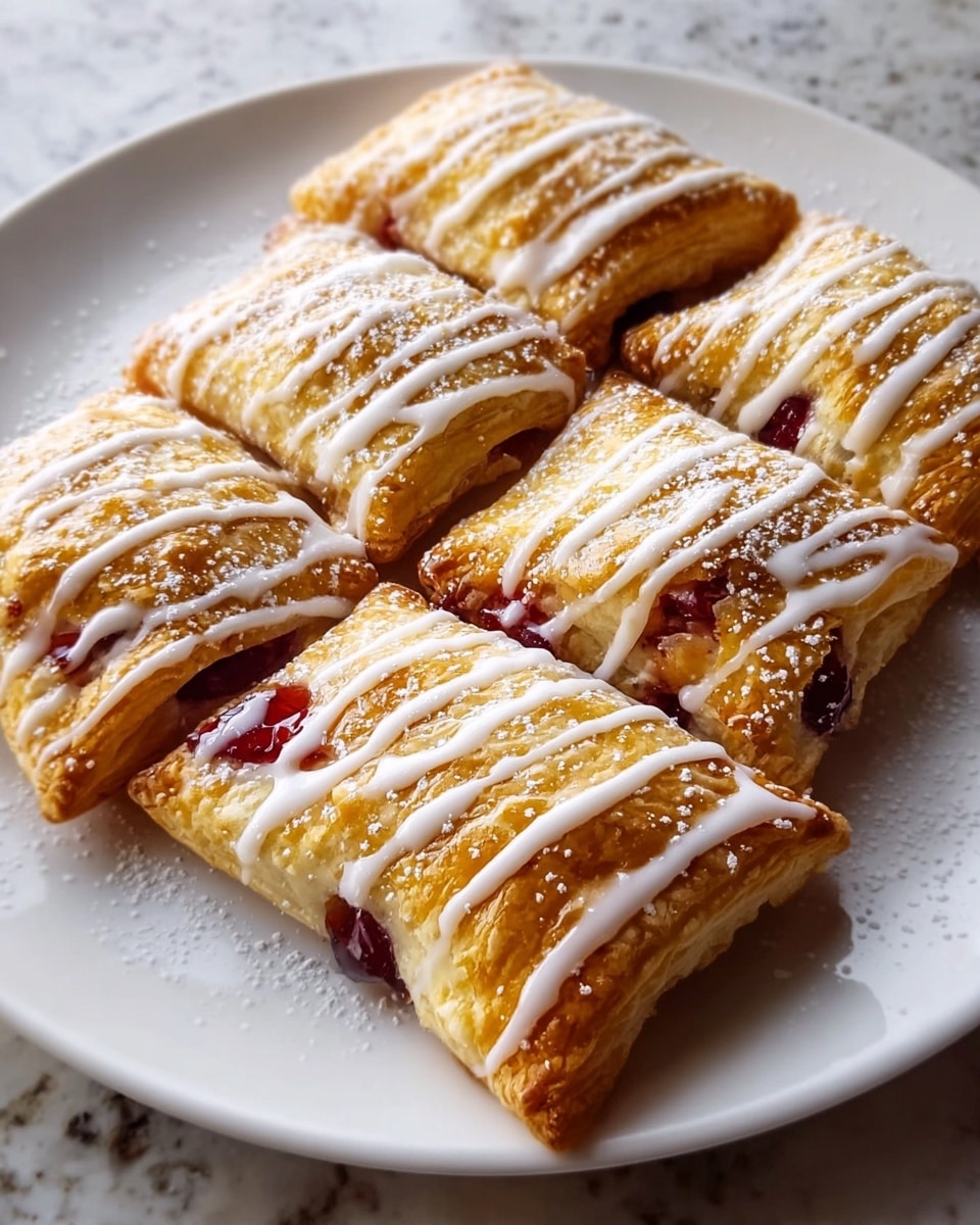 A white plate filled with a full dozen of golden-baked cherry turnovers, each topped with delicate white icing drizzles and a light dusting of powdered sugar, arranged neatly in rows to showcase the flaky puff pastry and vibrant cherry filling peeking through slightly, presented on a white marble surface with natural lighting, styled as a professional food magazine hero shot, photo taken with an iphone --ar 4:5 --v 7