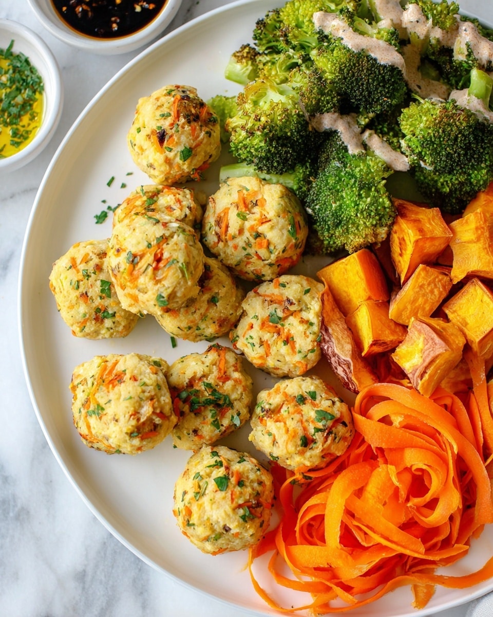Large white serving plate filled with multiple golden baked chicken meatballs flecked with finely grated carrots and fresh herbs, arranged alongside a generous portion of roasted sweet potato cubes and crisp roasted broccoli florets, paired with delicate carrot and parsnip ribbons adding a fresh, colorful contrast, whole dish beautifully styled on a white marble countertop with natural lighting, professional food magazine hero shot, photo taken with an iphone --ar 4:5 --v 7