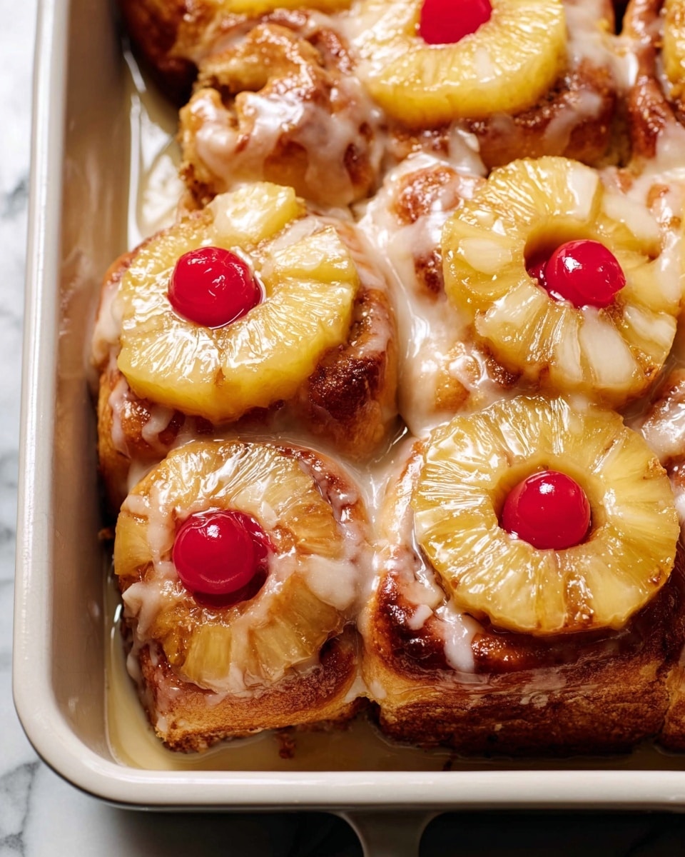 Full rectangular white baking pan filled with freshly baked pineapple upside-down cinnamon rolls, each topped with a glossy, caramelized pineapple ring and a bright red cherry in the center, surrounded by a light drizzle of creamy icing pooling slightly around the edges, photographed from a 3/4 angle on a white marble surface under natural lighting, styled as a professional hero food magazine shot, photo taken with an iphone --ar 4:5 --v 7