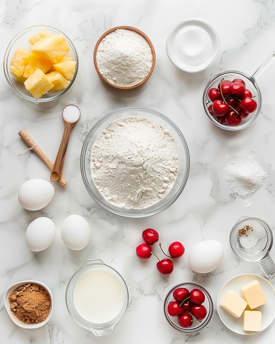 Single white plate featuring one thick slice of pineapple upside-down cinnamon roll, showcasing glossy baked pineapple ring topped with a vibrant red maraschino cherry, with visible swirls of cinnamon-spiced dough beneath a shiny caramel glaze, the soft interior layers and gooey texture clearly revealed, shot at an angled close-up view on a white marble surface, natural soft lighting, styled as a fresh individual serving from a food blog, photo taken with an iphone --ar 4:5 --v 7