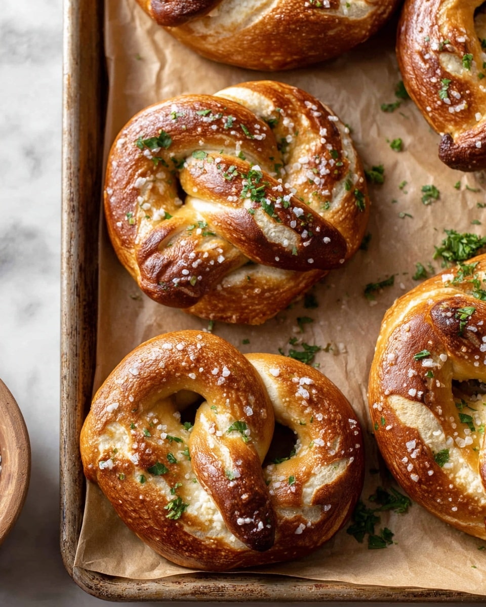 A baking tray lined with parchment paper filled with several large, golden-brown soft pretzels, each perfectly twisted and topped with coarse sea salt and specks of fresh chopped parsley, showcasing their shiny, well-baked crusts. The whole tray is presented on a white marble surface with natural lighting highlighting the texture of the pretzels, professional food styling, photo taken with an iphone --ar 4:5 --v 7