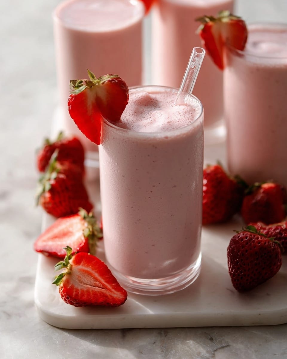 Large white serving tray featuring multiple tall glasses filled with creamy pink strawberry milkshake, each garnished with a fresh sliced strawberry on top, surrounded by whole and halved ripe strawberries, natural lighting highlighting the smooth texture of the milkshake, shot from a 3/4 angle on a white marble countertop, professional food magazine hero shot photo taken with an iphone --ar 4:5 --v 7
