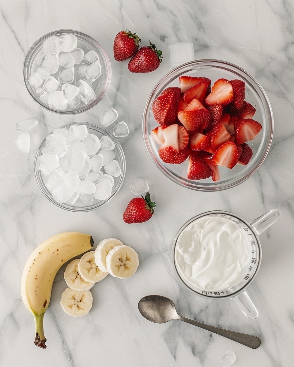Single white glass filled with a creamy pink strawberry smoothie, topped with a thinly sliced fresh strawberry resting gently on the frothy surface, close-up angled shot revealing the smooth texture and subtle bubbles, surrounded by whole and halved ripe strawberries on a white marble surface, natural light highlighting the refreshing drink, intimate plated serving photo taken with an iphone --ar 4:5 --v 7