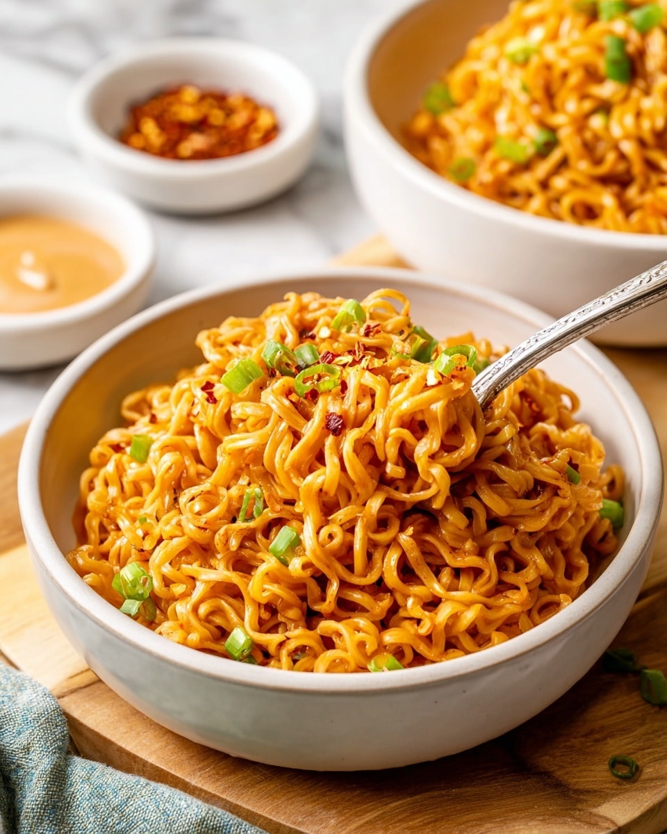 Large white ceramic bowl filled with a generous serving of spicy, saucy ramen noodles garnished with chopped green onions and sprinkled with chili flakes, alongside a second identical bowl brimming with the same vibrant orange noodles, all placed on a light wood surface with an additional white bowl of chili flakes and a white bowl of peanut or sesame sauce in the background, shot at a 3/4 angle under natural light on a white marble backdrop, professional food magazine hero shot photo taken with an iphone --ar 4:5 --v 7