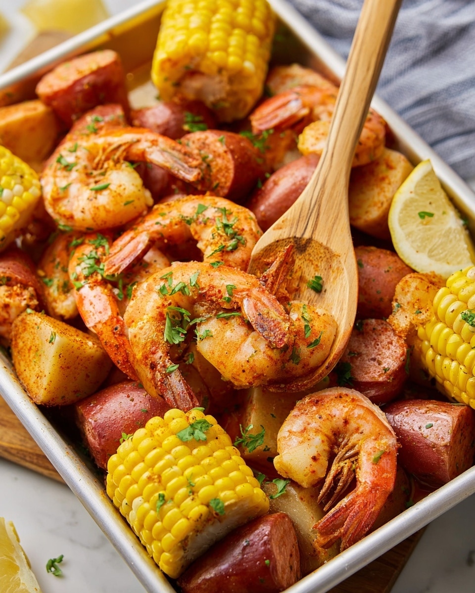 Large white baking tray filled with a vibrant shrimp boil feast featuring whole cooked shrimp with shells on, chunky sections of corn on the cob, halved seasoned red potatoes, slices of smoky sausage, and bright lemon wedges scattered throughout, all sprinkled with fresh chopped parsley, presented in a natural light setting atop a white marble countertop, professional 3/4 angle food magazine hero shot photo taken with an iphone --ar 4:5 --v 7