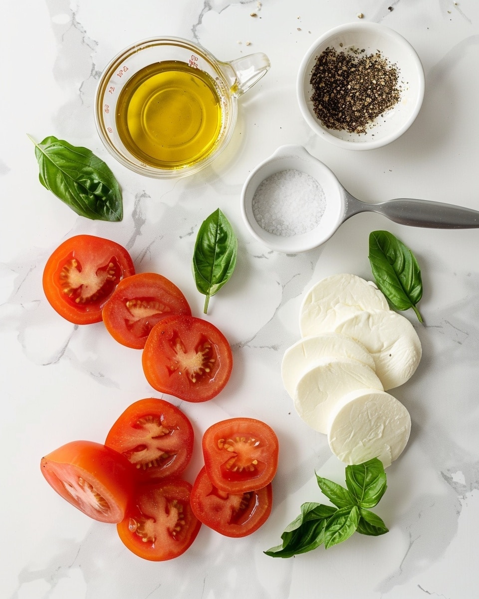 Single white plate with a close-up serving of a fresh Caprese salad slice showcasing thick layers of ripe red and yellow tomato slices, smooth fresh mozzarella, and vibrant green basil leaves, drizzled with herb-infused olive oil, highlighting the juicy interior of the tomatoes and the creamy texture of the cheese, natural lighting on a white marble background, styled like a food blog shot ready to eat, photo taken with an iphone --ar 4:5 --v 7