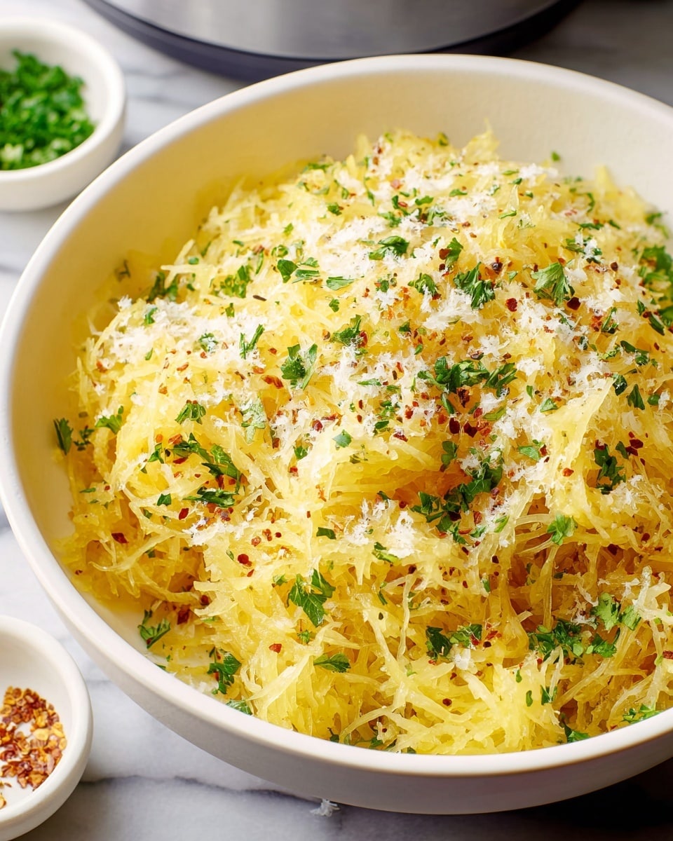 Large white bowl filled with a generous serving of whole cooked spaghetti squash strands, topped with finely grated Parmesan cheese, fresh chopped parsley, and a light sprinkle of red pepper flakes, all glistening under natural light on a white marble countertop, captured from a professional 3/4 angle as a hero shot in a food magazine style, photo taken with an iphone --ar 4:5 --v 7