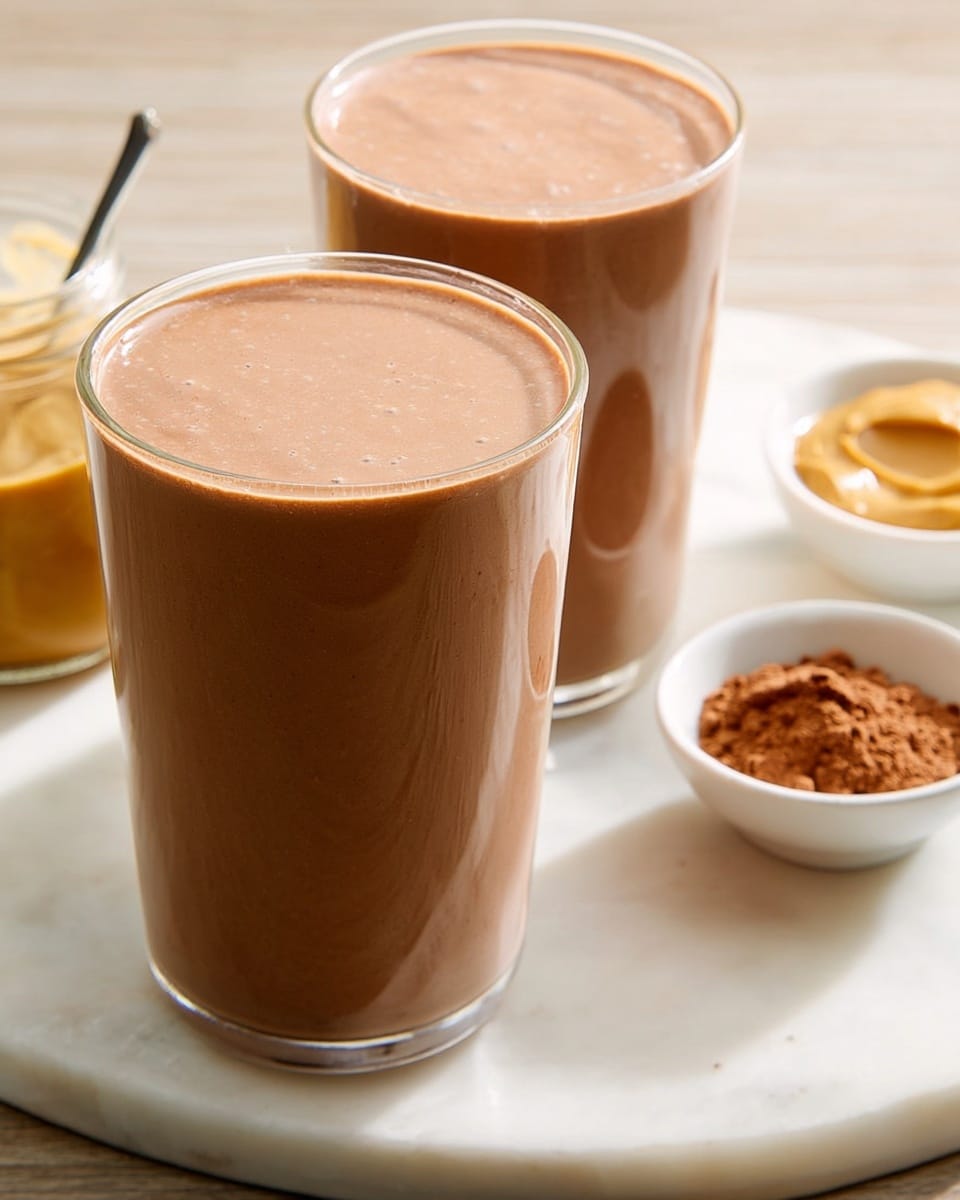 Two tall white glasses filled with rich, creamy chocolate smoothie, perfectly blended to a smooth texture, placed on a white marble countertop with natural light highlighting the glossy surface of the drink, accompanied by small white bowls of cocoa powder and peanut butter nearby, professional food styling photo taken with an iphone --ar 4:5 --v 7