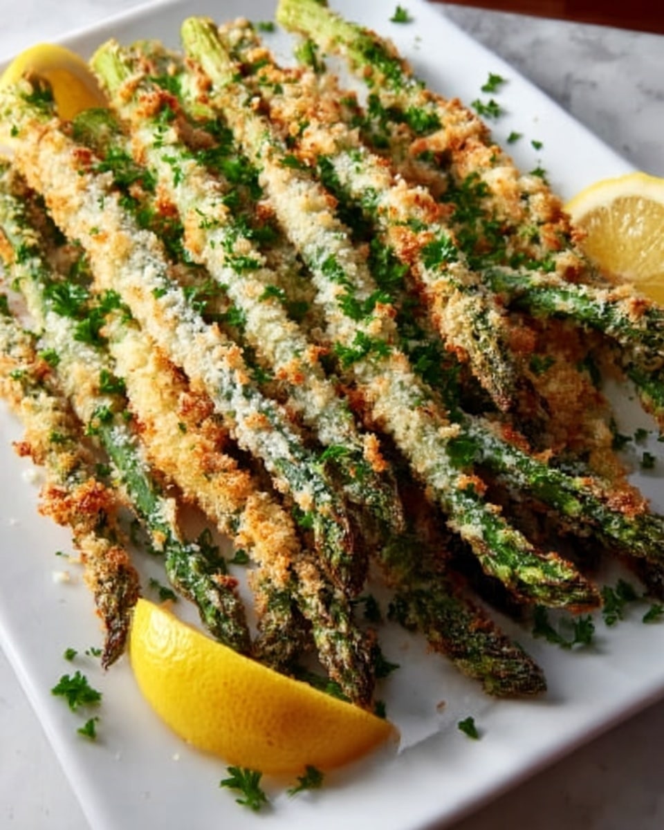 A large white rectangular serving platter piled high with a full batch of golden-brown crispy baked asparagus spears, each coated in a crunchy parmesan and breadcrumb crust, garnished generously with finely chopped fresh parsley, accompanied by bright lemon wedges on the side, shot from a 3/4 angle on a white marble surface under natural lighting, styled as a vibrant hero food magazine shot, photo taken with an iphone --ar 4:5 --v 7