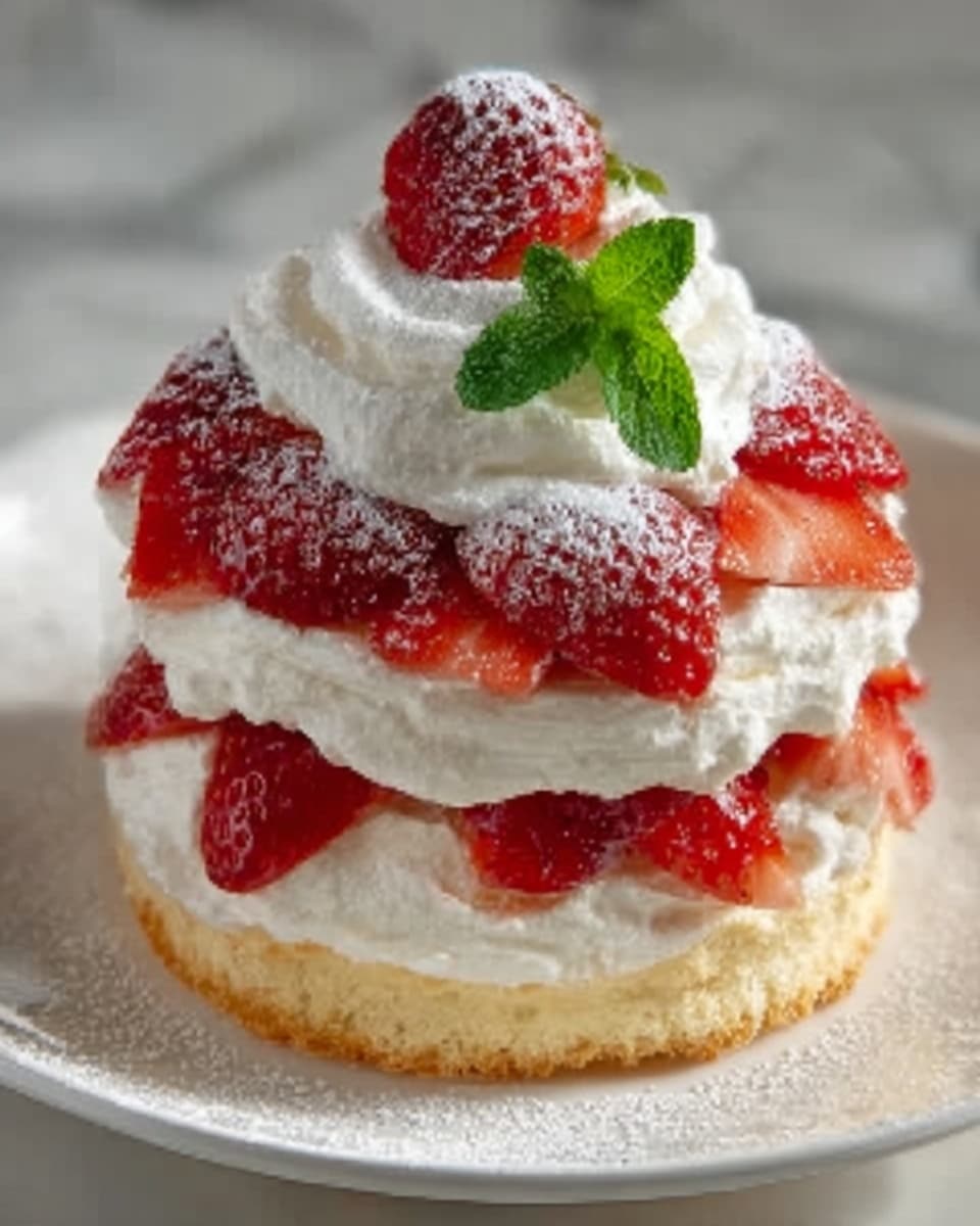 A pristine white plate showcasing an entire layered strawberry shortcake, with thick layers of fluffy sponge cake sandwiched between generous swirls of whipped cream, topped beautifully with whole fresh strawberries and a dusting of powdered sugar, garnished with a sprig of fresh mint at the center, captured in a professional 3/4 angle shot on a white marble surface with natural lighting, like a stunning hero shot from a food magazine, photo taken with an iphone --ar 4:5 --v 7