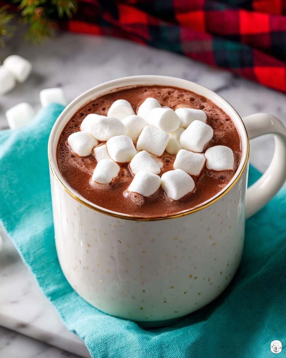 A large white ceramic mug filled to the brim with rich, creamy hot chocolate, topped with a generous pile of fluffy white mini marshmallows, placed on a white marble countertop with a soft teal cloth nearby, natural lighting highlighting the smooth surface of the drink and the soft texture of the marshmallows, whole drink showcased in a cozy, inviting setting, professional food styling photo taken with an iphone --ar 4:5 --v 7