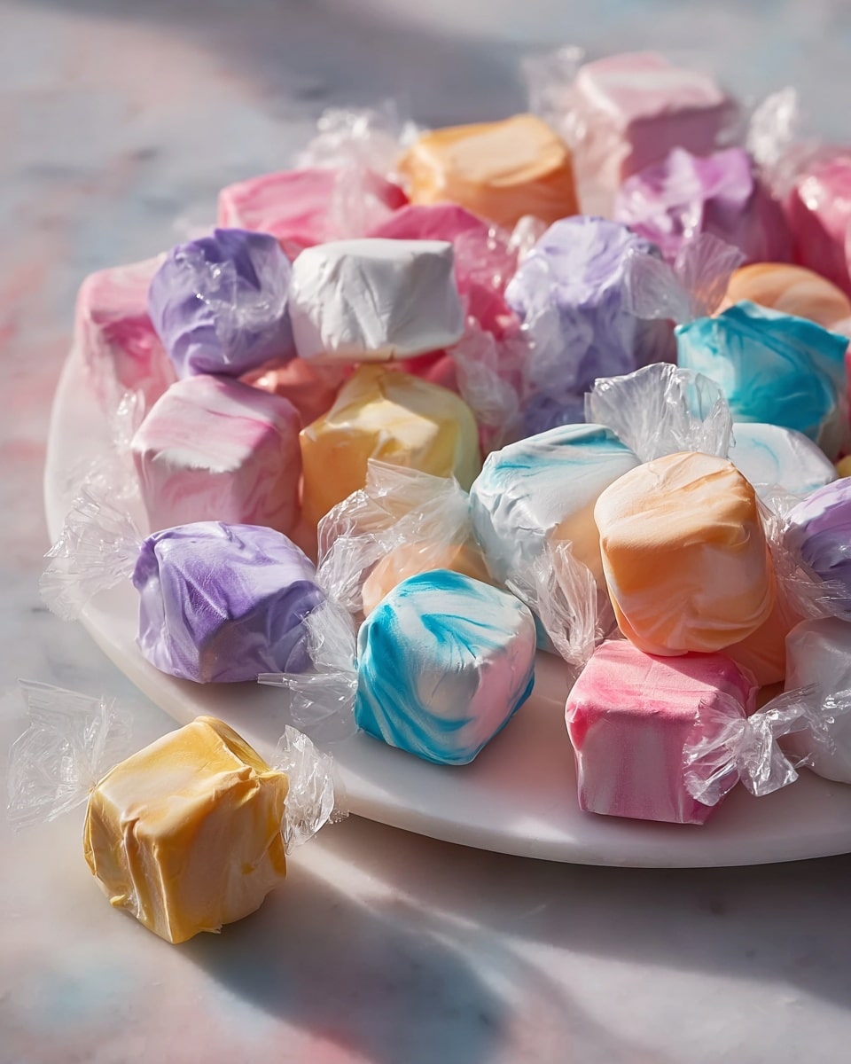 Large white platter filled with an assortment of vividly colored taffies individually wrapped in translucent plastic, featuring pastel shades of pink, purple, blue, orange, and white with smooth, swirled textures, arranged closely together to show the full variety of the candies, photographed from a 3/4 angle on a white marble countertop with natural lighting, professional food magazine hero shot photo taken with an iphone --ar 4:5 --v 7