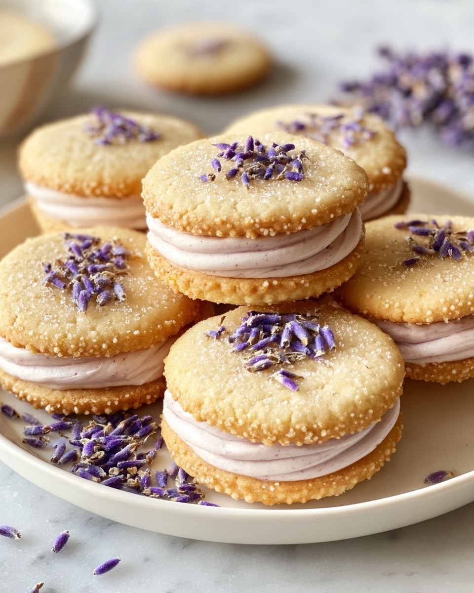 White round plate filled with multiple lavender shortbread sandwich cookies, each cookie pair featuring golden-baked, textured edges with sparkling sugar crystals and a creamy pale lavender filling, delicately topped and surrounded by scattered dried lavender buds, arranged in a visually appealing cluster, photographed from a 3/4 angle on a white marble countertop with natural light, professional food styling photo taken with an iphone --ar 4:5 --v 7
