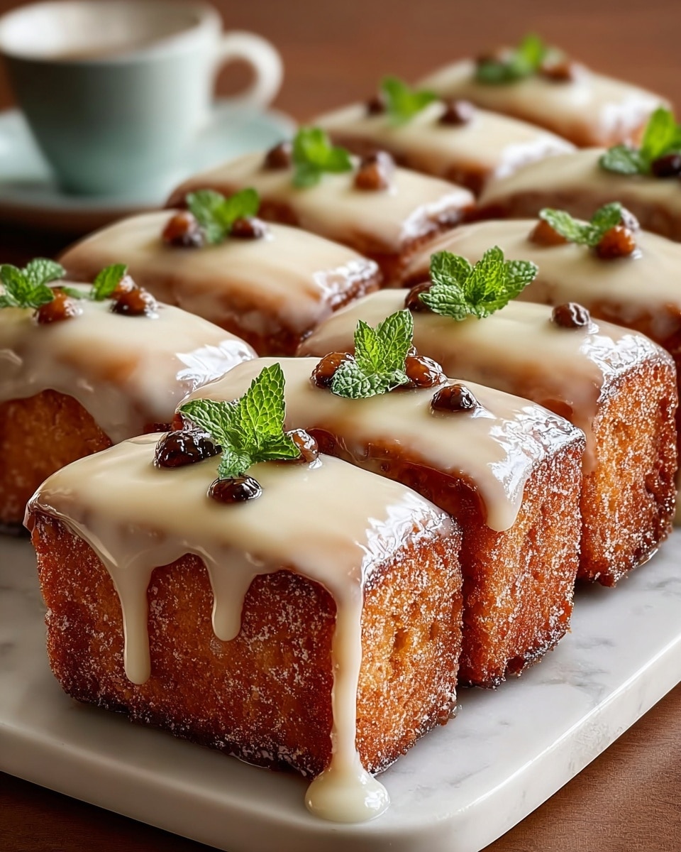 A large white rectangular serving platter showcasing a full batch of golden-brown, rectangular glazed cakes with glossy, creamy icing dripping enticingly down the sides, each garnished with small fresh green mint leaves and glistening brown berries, all arranged neatly in rows to display the entire collection, photographed from a 3/4 angle on a white marble countertop with natural lighting, styled to highlight the moist texture and shiny glaze, professional food magazine hero shot photo taken with an iphone --ar 4:5 --v 7