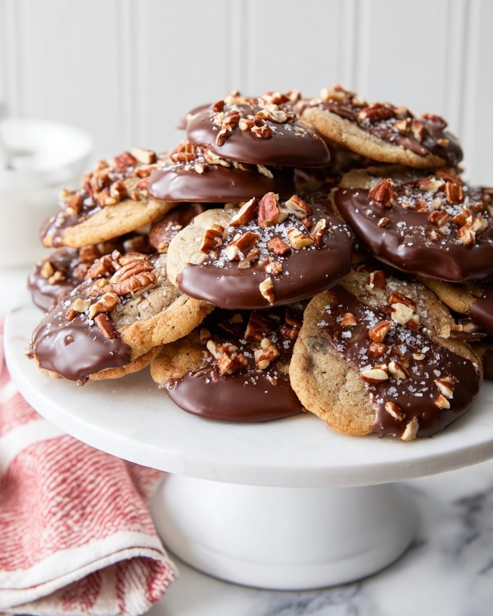 Large white cake stand piled with whole homemade cookies dipped halfway in glossy milk chocolate and generously sprinkled with chopped pecans and a light dusting of flaky sea salt, the complete batch arranged to showcase the rich texture and inviting toppings, shot from a 3/4 angle on a white marble surface with natural lighting, styled like a premium food magazine hero shot, photo taken with an iphone --ar 4:5 --v 7