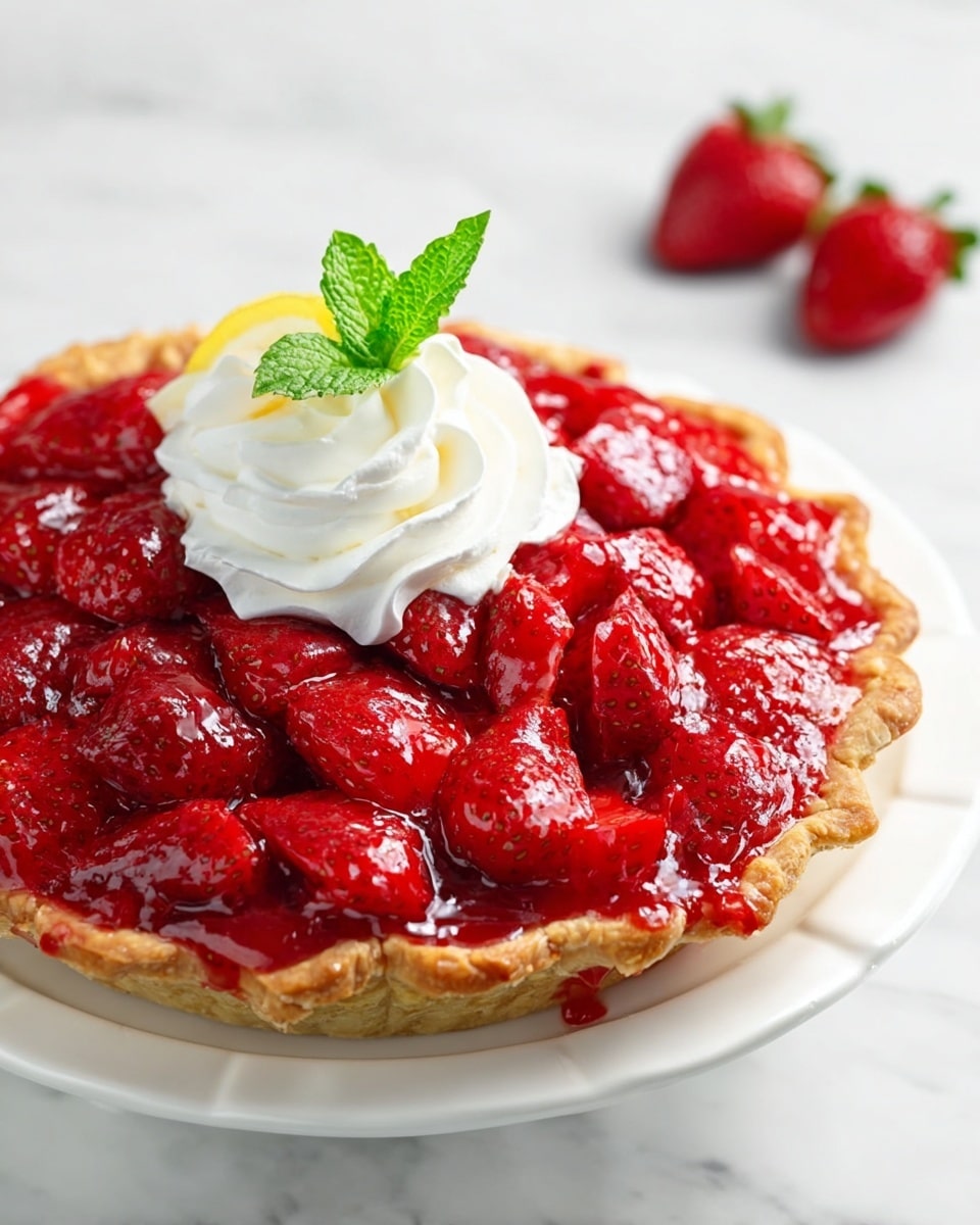 Whole strawberry pie with a glossy, vibrant red strawberry filling piled generously atop a golden, flaky pastry crust, fully covered with fresh whole strawberries and a decorative swirl of white whipped cream on top, garnished with a sprig of bright green mint, presented on a large white pie plate, photographed from a 3/4 angle on a clean white marble background with natural lighting, styled like a premium food magazine hero shot, photo taken with an iphone --ar 4:5 --v 7