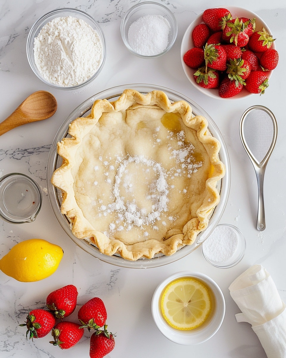 Single white plate with one slice of vibrant strawberry pie revealing juicy, glossy red strawberry filling layered over a flaky golden crust, topped with a swirl of whipped cream and a fresh mint leaf garnish, close-up angled shot highlighting the juicy interior and textured crust, set on a white marble surface with natural light, styled as an intimate plated serving photo taken with an iphone --ar 4:5 --v 7