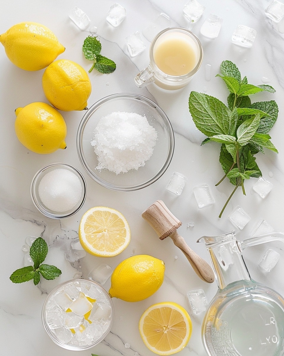 Single clear tall glass filled with a refreshing serving of iced lemonade, visible ice cubes sparkling inside, garnished with a fresh mint sprig and a thin lemon slice on the rim, close-up angled shot showcasing the light, citrusy beverage with condensation on the glass, placed on a white plate set on white marble surface with scattered ice cubes and lemon slices around, natural lighting highlighting the freshness, intimate styled food blog presentation, photo taken with an iphone --ar 4:5 --v 7