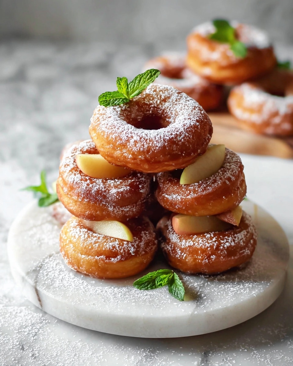 A white serving plate beautifully arranged with a full stack of golden-brown apple cider donuts, each donut generously dusted with powdered sugar and layered with tender cinnamon-spiced apple slices, garnished with fresh mint leaves for a pop of color, the entire set shown from a 3/4 angle on a pristine white marble countertop with natural lighting, styled like a premium food magazine hero shot, photo taken with an iphone --ar 4:5 --v 7