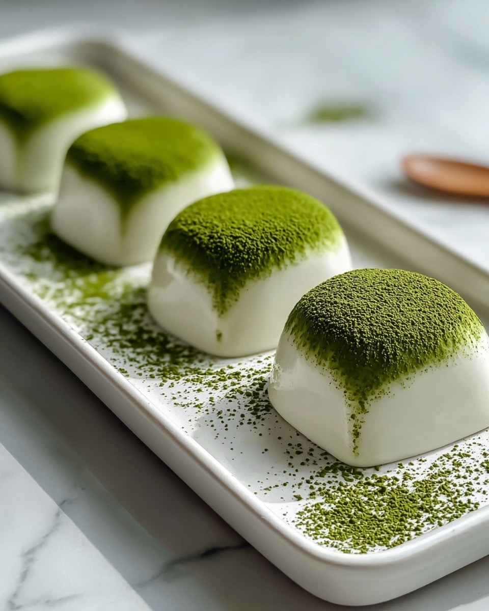 Large white rectangular serving platter filled with four whole fluffy, white panna cotta domes evenly dusted with vibrant green matcha powder on top, with extra matcha powder artfully scattered around the base, the whole dish presented on a white marble surface in natural light, elegant and minimalistic professional food styling photo taken with an iphone --ar 4:5 --v 7