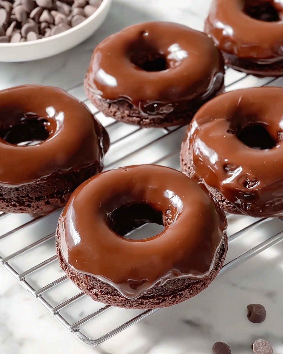 Group of whole chocolate-glazed doughnuts arranged on a white wire cooling rack, each doughnut richly coated with smooth, glossy chocolate icing that glistens under natural light, next to a white plate filled with chocolate chips, presented from a 3/4 angle to capture the full, uncut doughnuts in an inviting, professional hero shot style on a white marble background, photo taken with an iphone --ar 4:5 --v 7