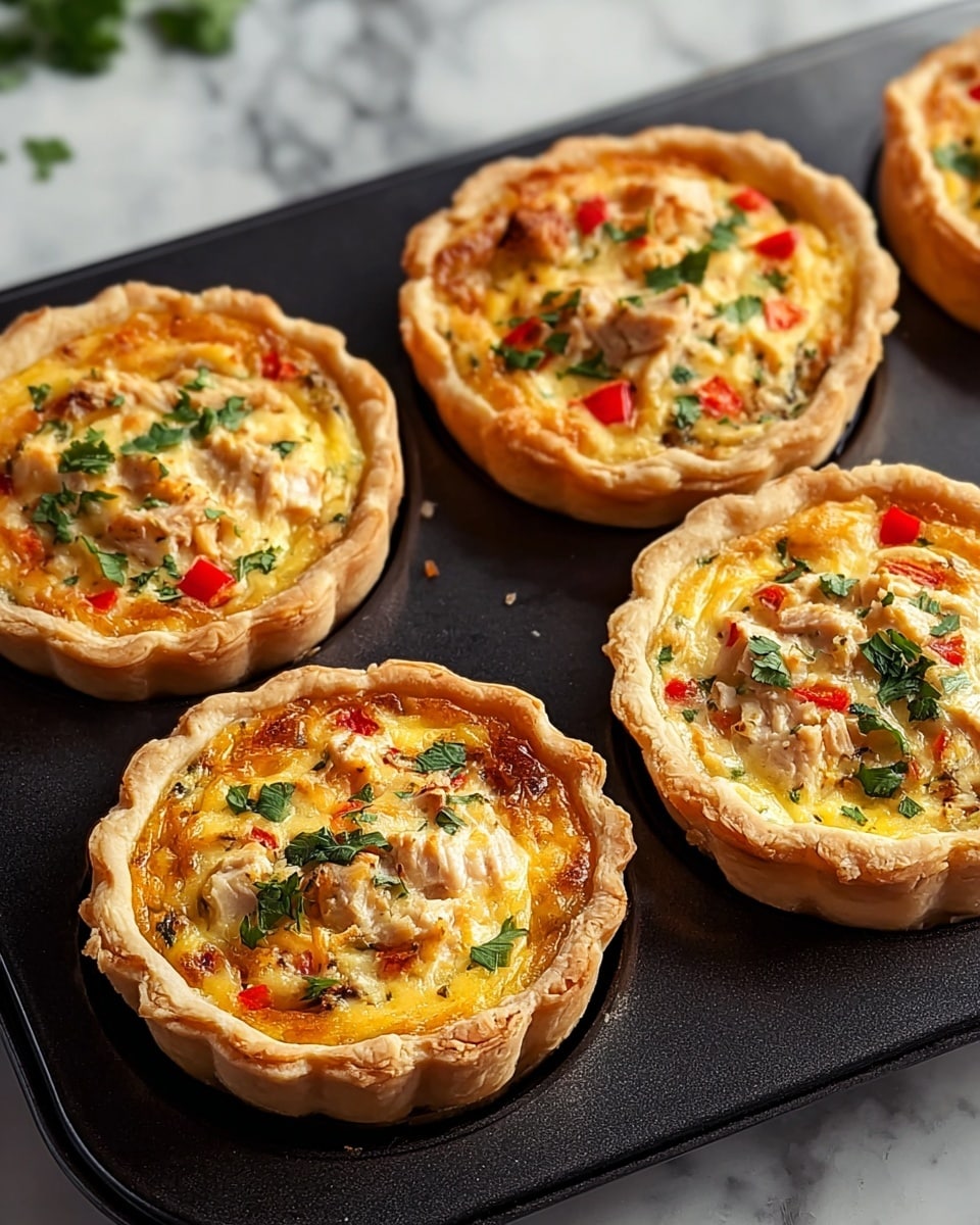 A black baking tray filled with a set of six golden-brown savory mini quiches, each with perfectly crimped edges, brimming with vibrant fillings of diced chicken, fresh parsley, and red bell pepper, baked to a slight caramelized top, presented on a crisp white marble countertop with natural light highlighting the flaky texture and rich colors, professional food styling photo taken with an iphone --ar 4:5 --v 7