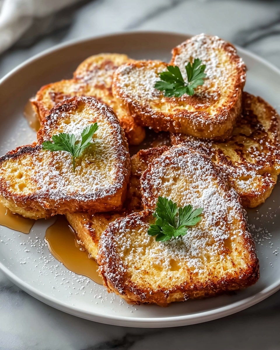 A large white plate elegantly arranged with a full batch of golden heart-shaped French toast, perfectly crisped on the edges and sprinkled generously with powdered sugar, each piece topped with a small fresh parsley leaf for contrast, drizzled with amber maple syrup pooling slightly beneath them, beautifully styled and shot from a 3/4 angle on a white marble surface with soft natural lighting, showcasing the complete, inviting dish, professional food magazine hero shot, photo taken with an iphone --ar 4:5 --v 7