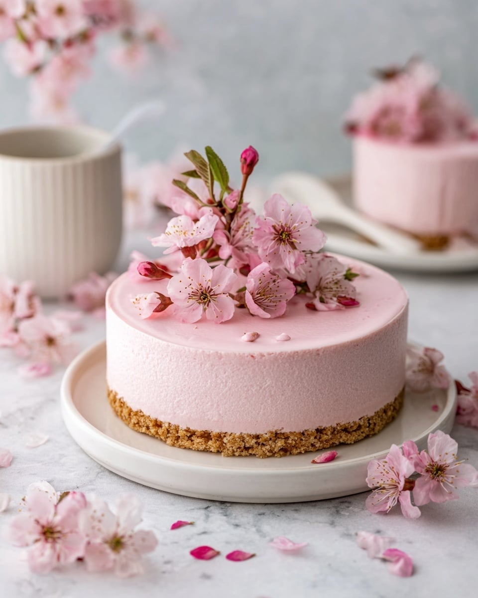 Whole round pink cherry blossom mousse cake on a white plate, smooth pastel pink mousse layered over a crumbly golden brown crust, decorated elegantly with fresh cherry blossom flowers and buds on top, surrounded by scattered cherry blossom petals on a white marble surface, captured in natural light with a professional 3/4 angle food magazine style hero shot, photo taken with an iphone --ar 4:5 --v 7